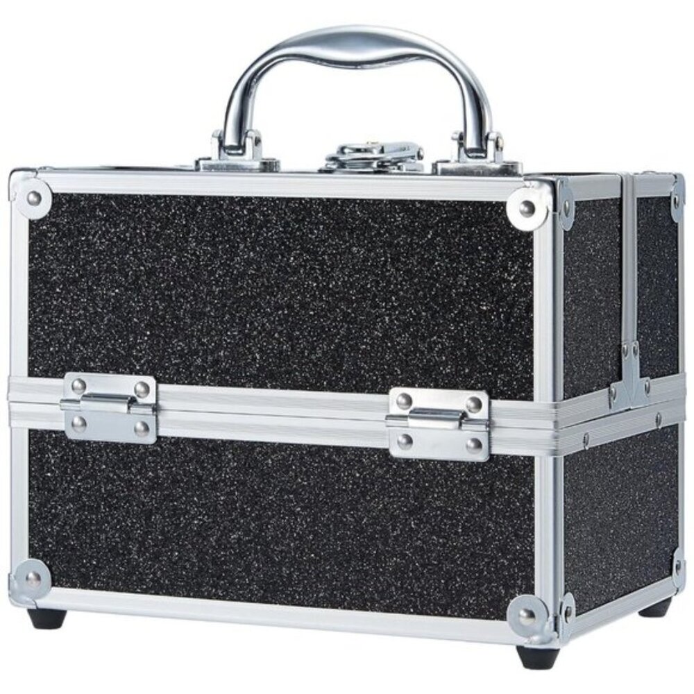 New Portable Makeup Train Case with Lock, Black Travel Cosmetic Organizer Box